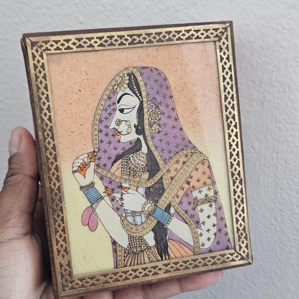 Vintage Indian Hand Painted Miniature Portrait‎ Wood Jewelry Box Brass Inlay 5x4